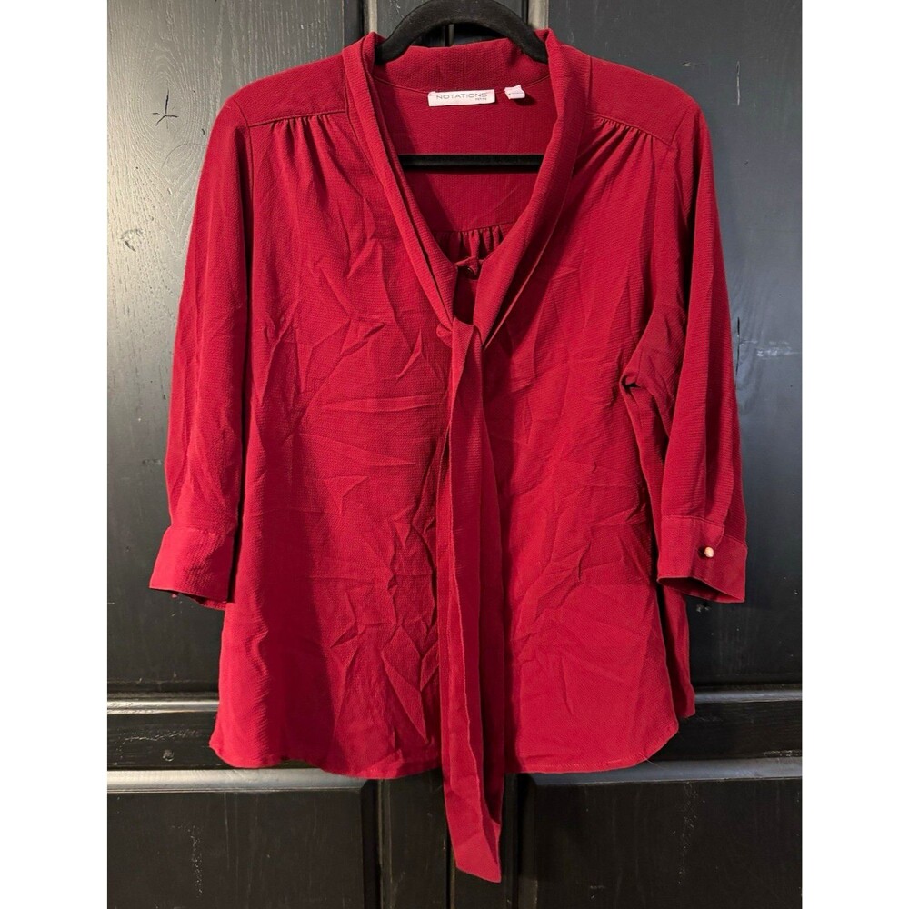 Notations Red Solid Tie V-Neck 3/4 Sleeve Woven Blouse PXL PCRB0101